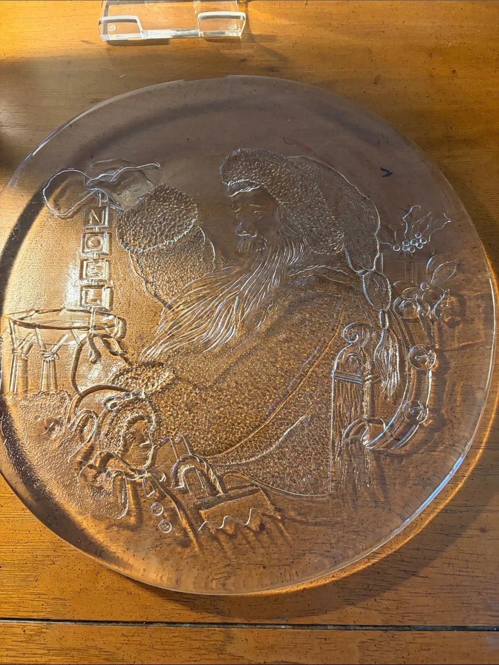 Vintage Libbey Clear Glass Embossed Santa Christmas Cookie Plate 13”